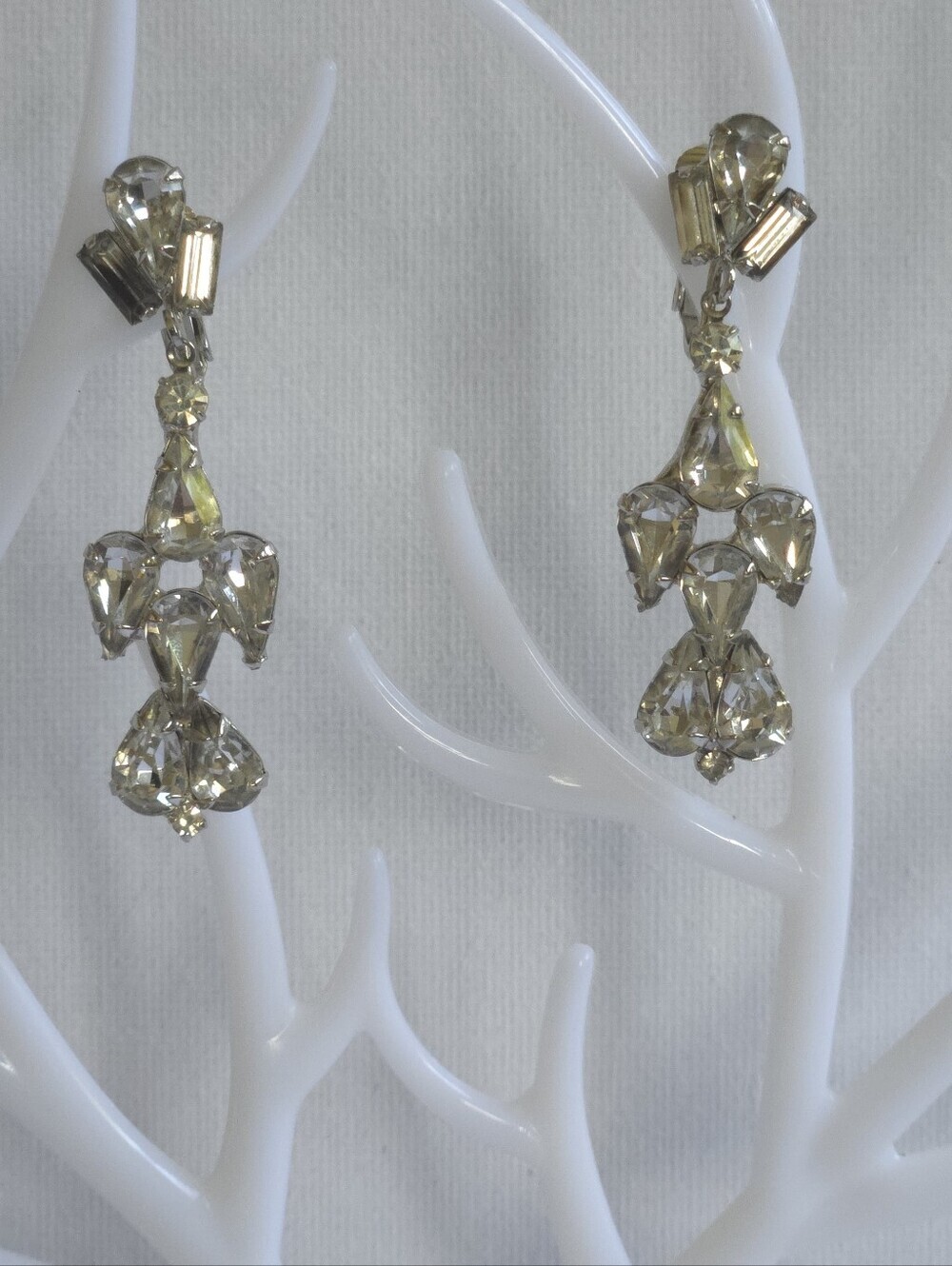 Vintage Rhinestone Chandelier Clip On Earrings, Mid-Century Silver Tone Bridal